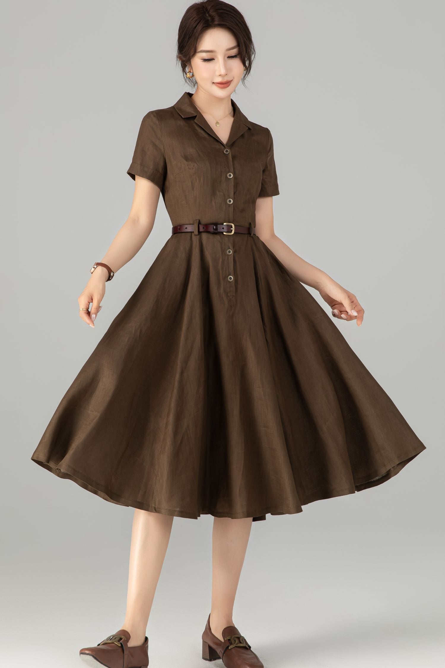 Retro Coffee Linen Dress Short Sleeve Shirt Midi Dress 5711 Brown / S Retro Coffee Linen Dress Short Sleeve Shirt Midi Dress 5711 Brown / S