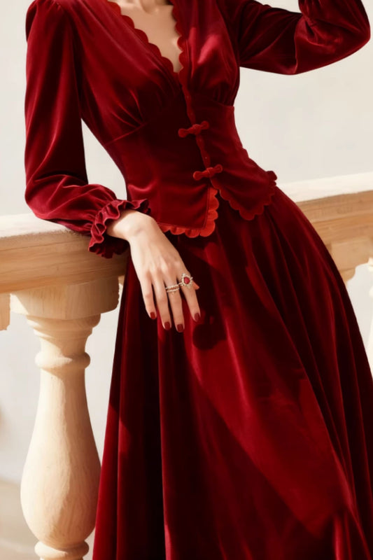 Burgundy Velvet Top and Skirt Set – Vintage Elegant Two Piece Outfit | Xiaolizi 6649