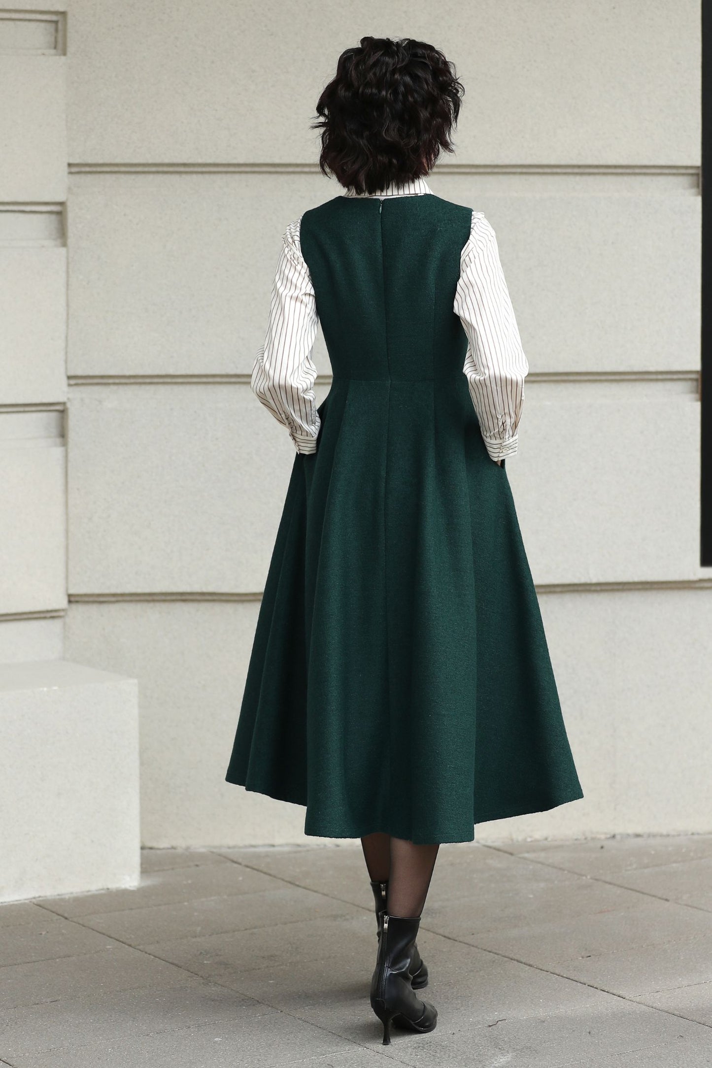 Handmade Vintage Wool Dress – Green Sleeveless A-Line Midi Winter Dress 6615