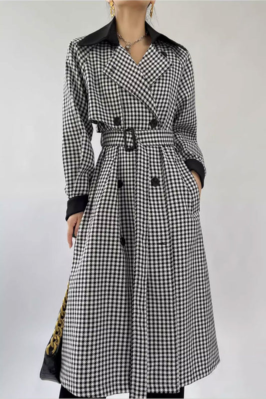 Black and white plaid long trench coat 4633