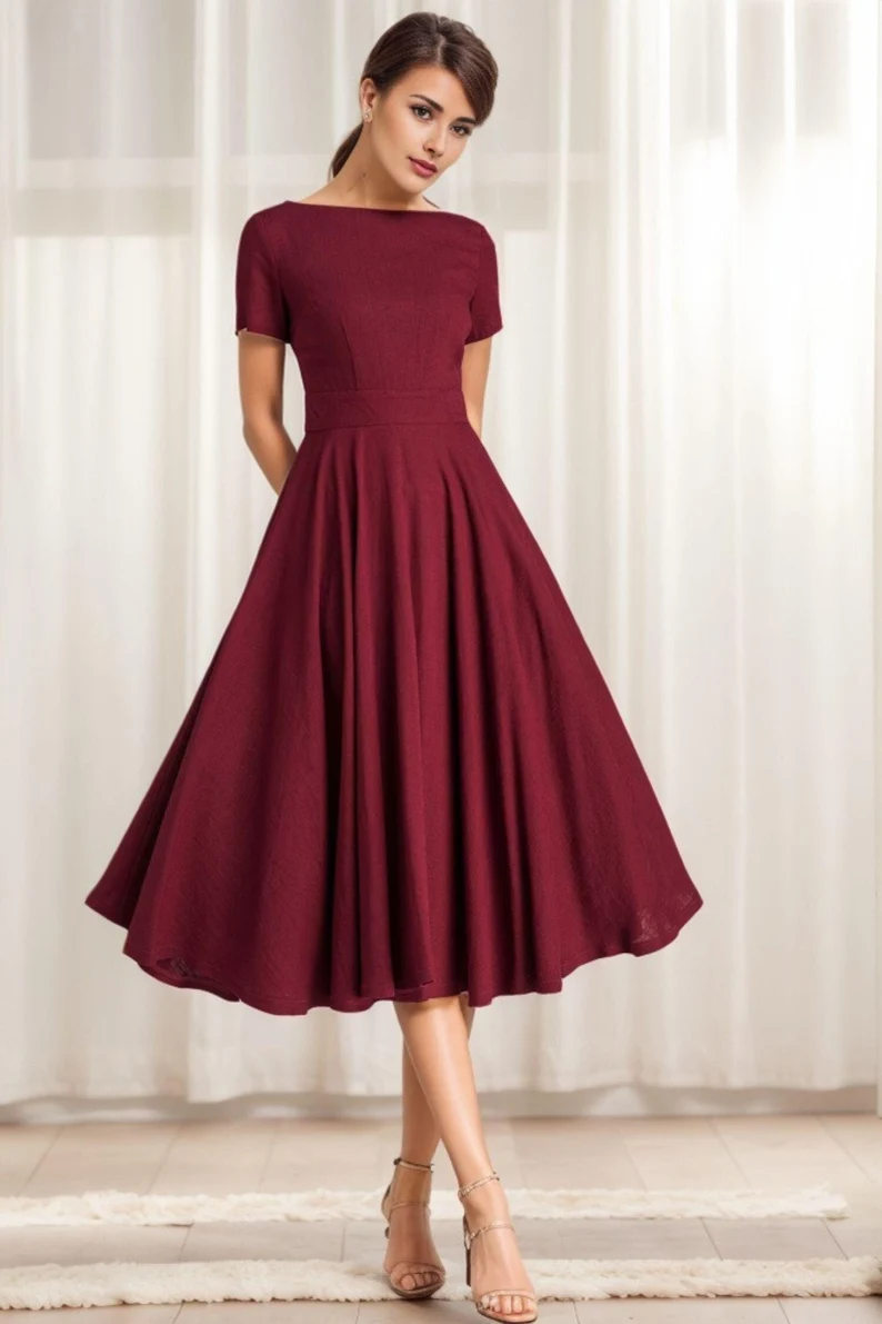Swing fit and flare dress in burgundy 2336# Xiaolizi Swing fit and flare dress in burgundy 2336# Xiaolizi