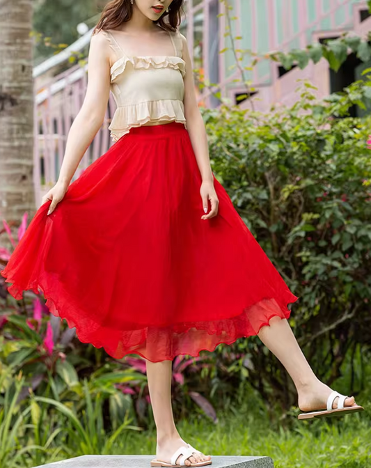 Red elastic waist summer chiffon skirt 6187- red