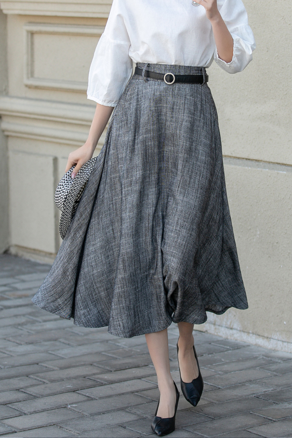 Flowy Skirt Plaid Maxi Skirt 50 Vintage High-Waisted Gray Plaid A