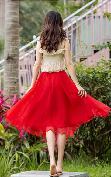 Red elastic waist summer chiffon skirt 6187- red