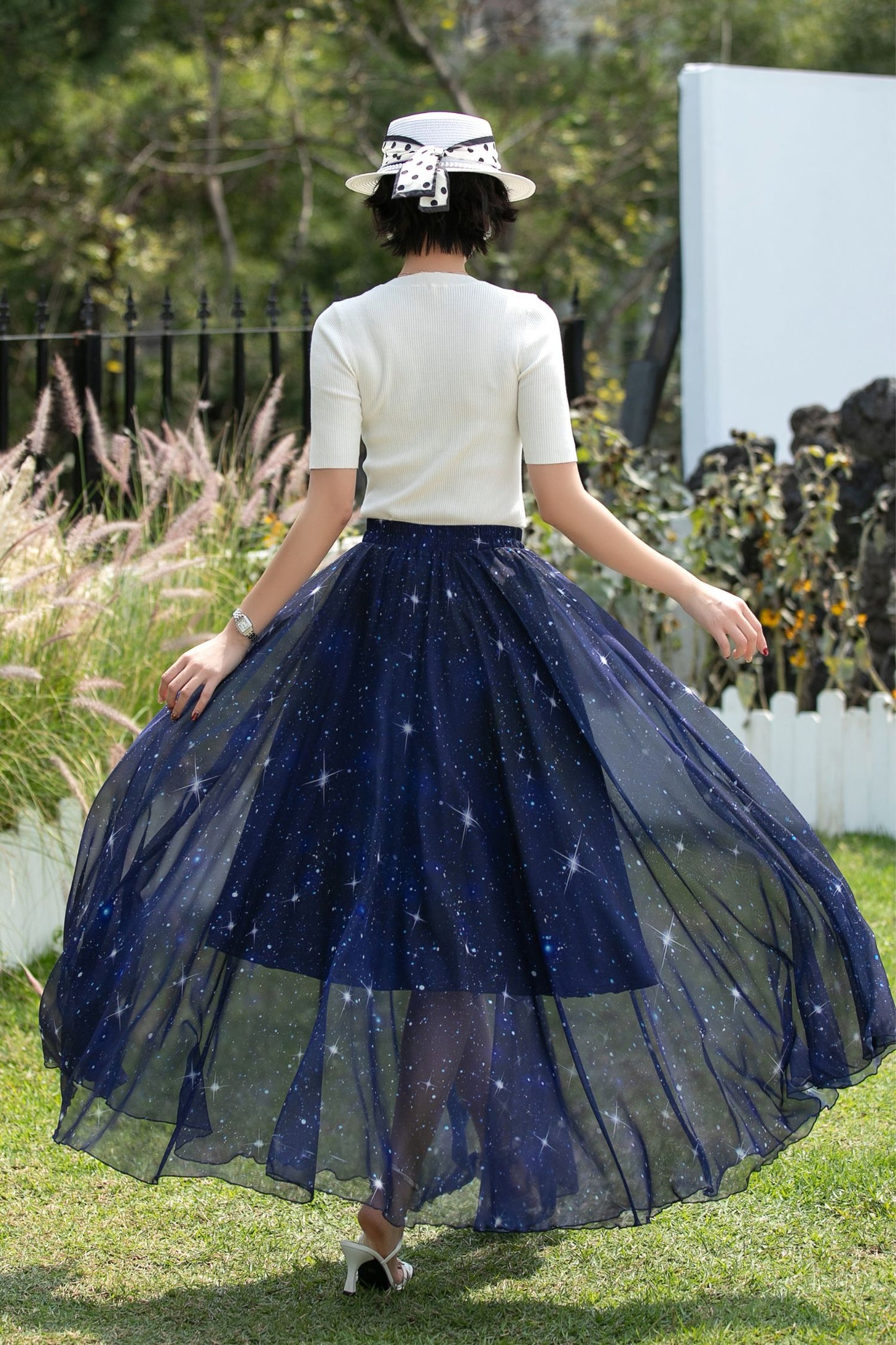 Navy Chiffon Maxi Skirt - Starry Sheer A-Line | Xiaolizi 6744