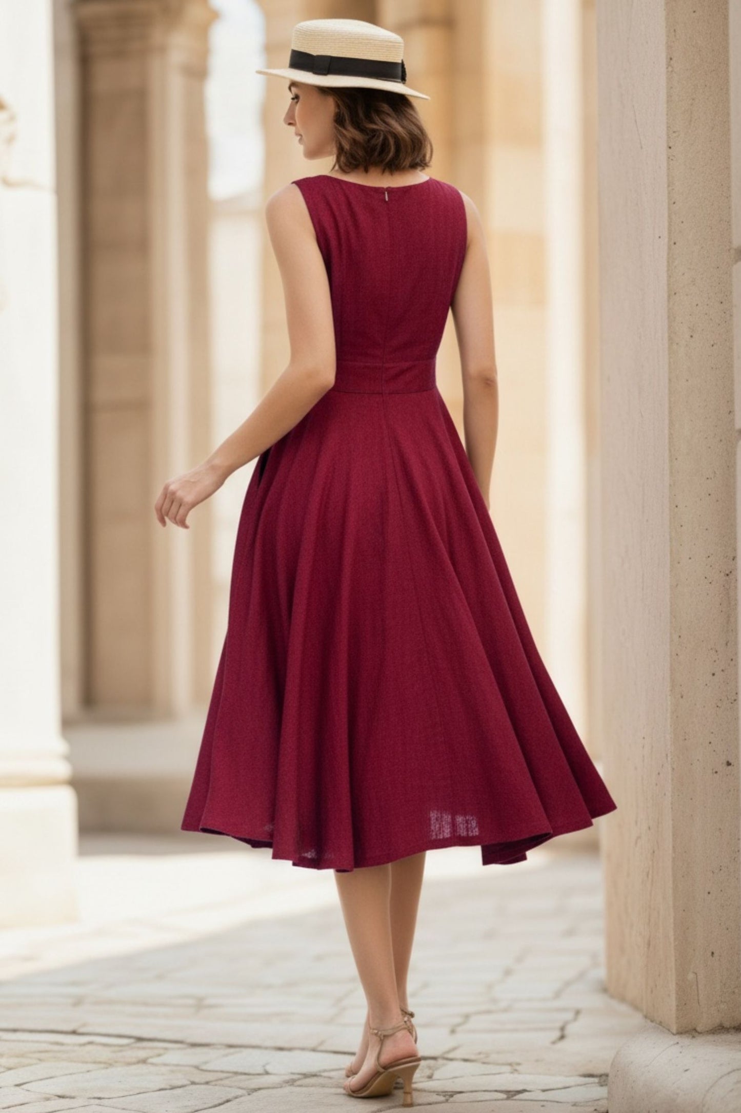 Handmade Linen Midi Dress – Vintage Fit and Flare Sleeveless Dress in Deep Red 6655