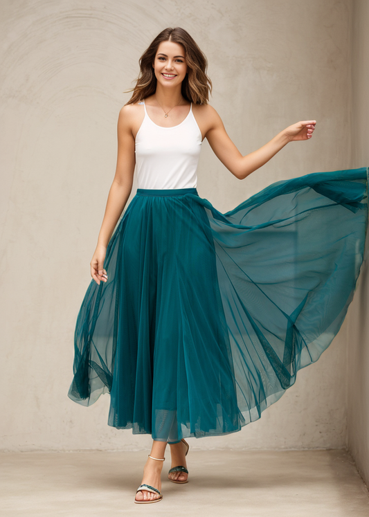 Elastic Waist Boho Tulle midi Skirt 5195
