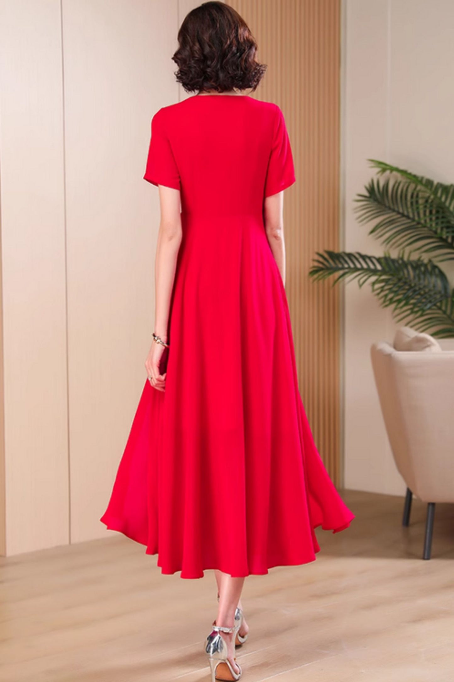 Red midi patchwork summer chiffon dress 5046