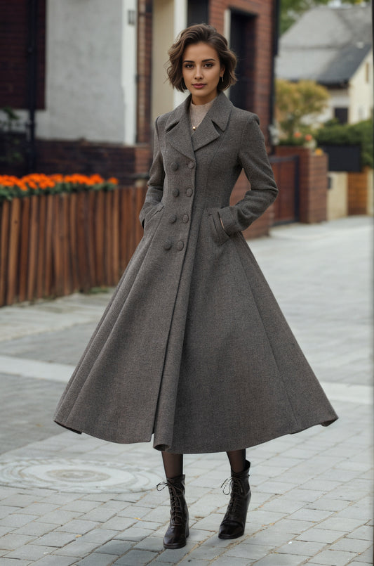 Timeless Wool Maxi Coat – Dark Brown Double Breasted Silhouette – 6296
