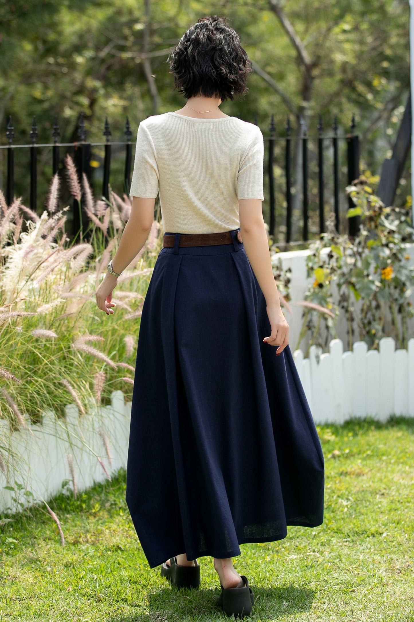 Handmade Navy Linen Cotton Asymmetrical Maxi Skirt | Xiaolizi 6740