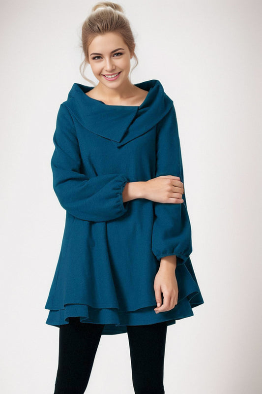 Artisan Wool Tunic Dress in Deep Teal – Asymmetrical Collar Style – 5208
