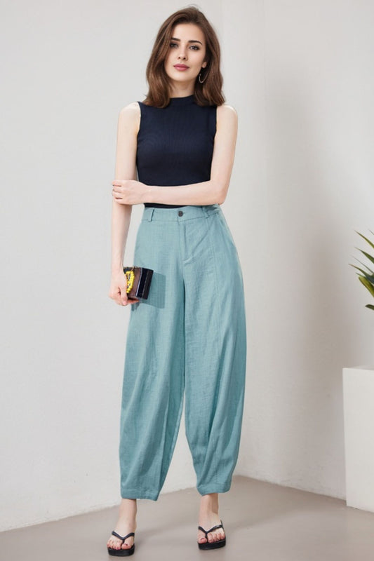Blue Linen Blend Casual Pants - Baggy Fit with Side Pockets 2191