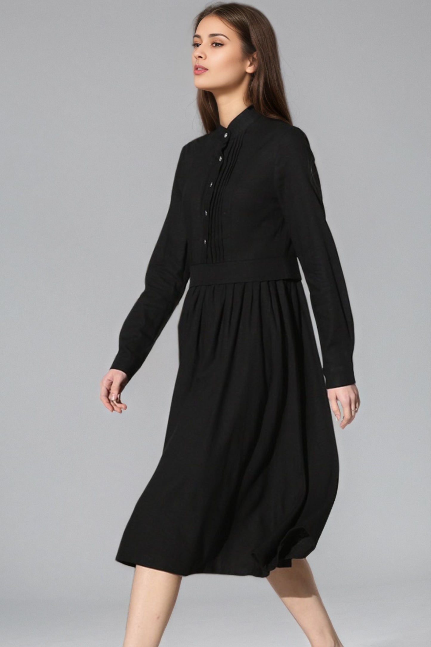 Xiaolizi Black Linen Midi Dress – Vintage Long Sleeve Pleated Dress 6349