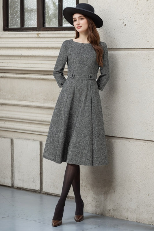 Wool Blend Fit and Flare Midi Dress – Vintage Winter Dress with 3/4 Sleeves 5301