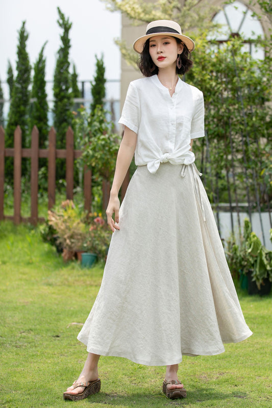 Beige Linen Midi Wrap Skirt - Flowing Swing Silhouette 5201
