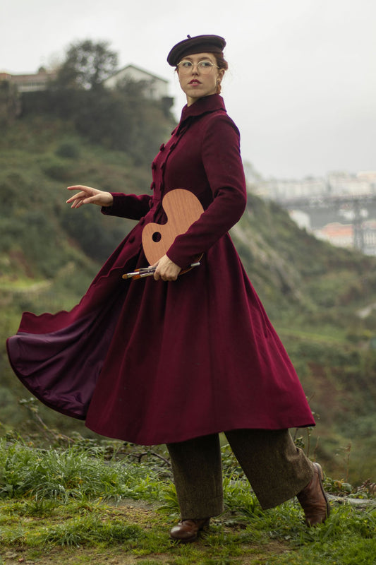Handmade Burgundy Wool Coat – Vintage Scholar-Inspired Winter Overcoat 4813