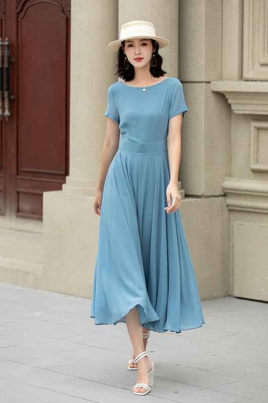 Blue swing midi summer prom chiffon dress 5147
