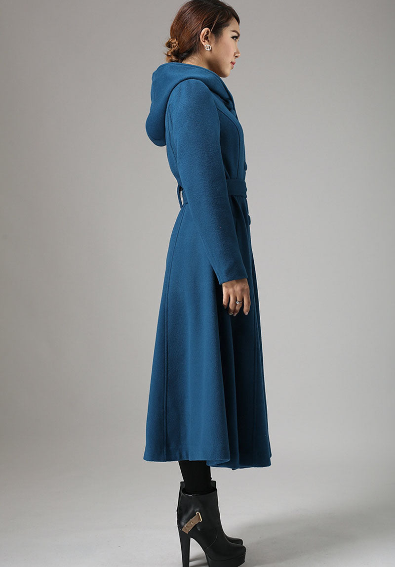 Vintage Teal Blue Wool Coat – Handmade Hooded Belted Winter Overcoat | Xiaolizi 739