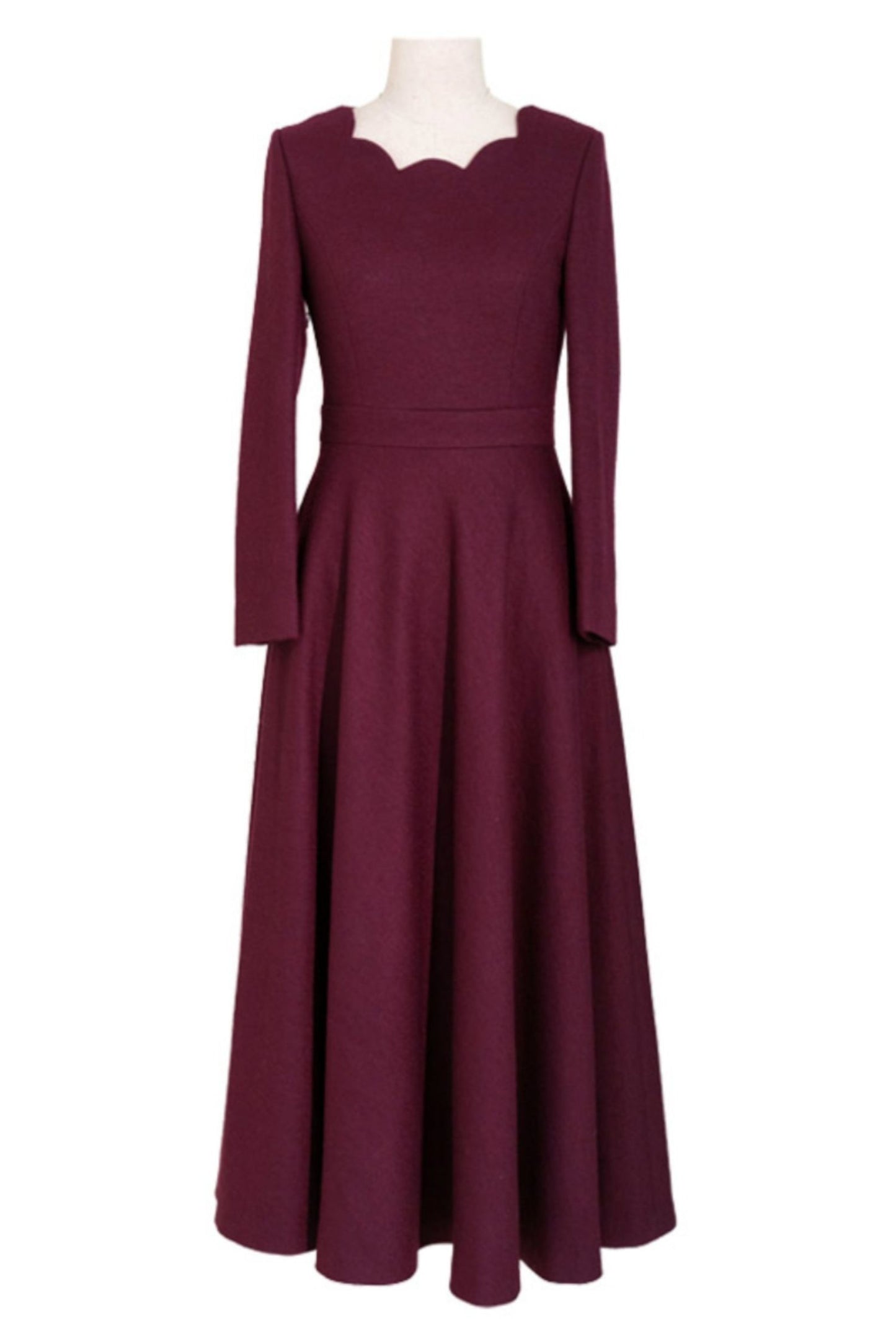 Burgundy long sleeves winter wedding wool dress TT0187