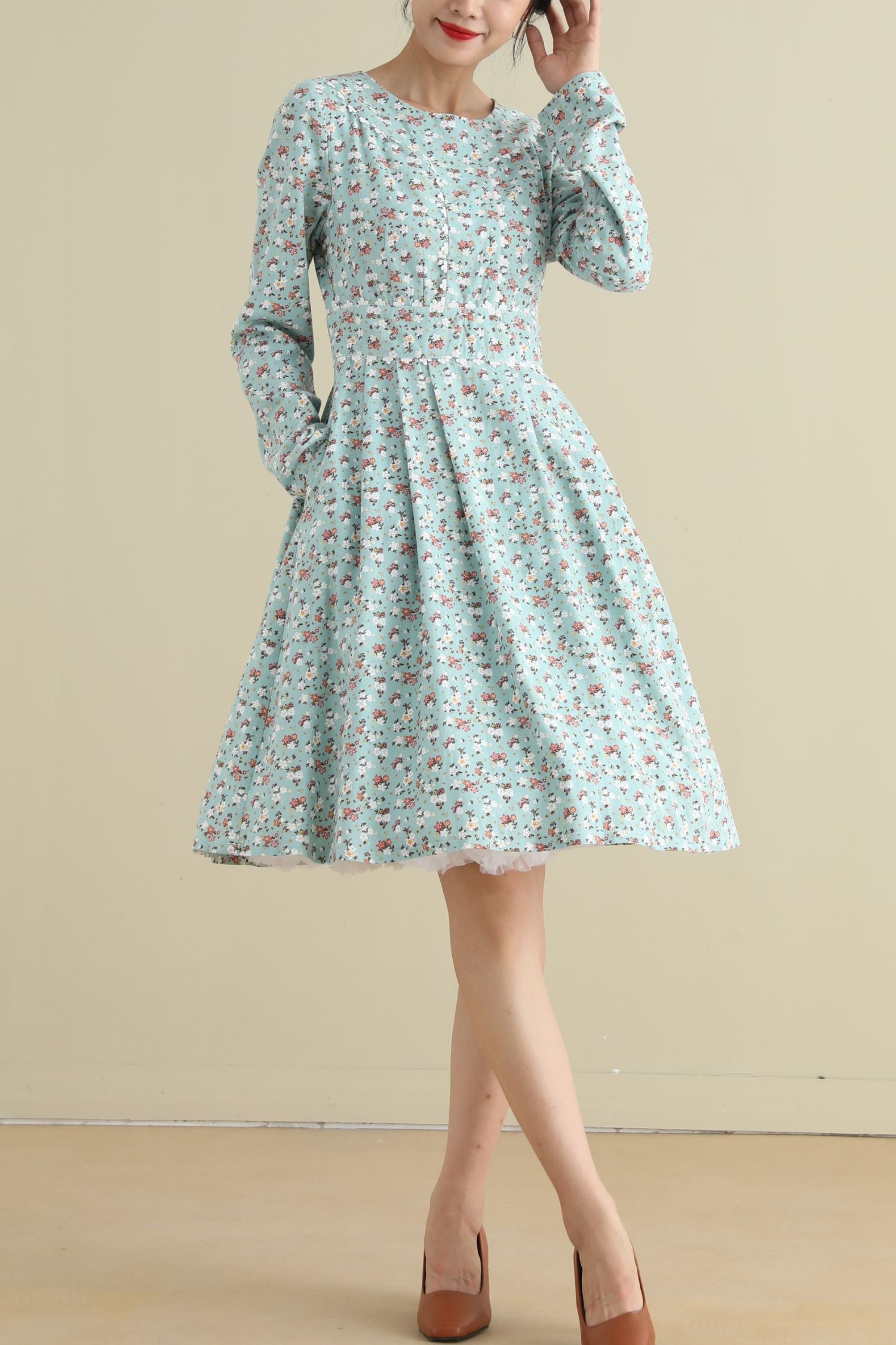 Floral spring long sleeves linen dress women 2795 Xiaolizi Floral spring long sleeves linen dress women 2795 Xiaolizi