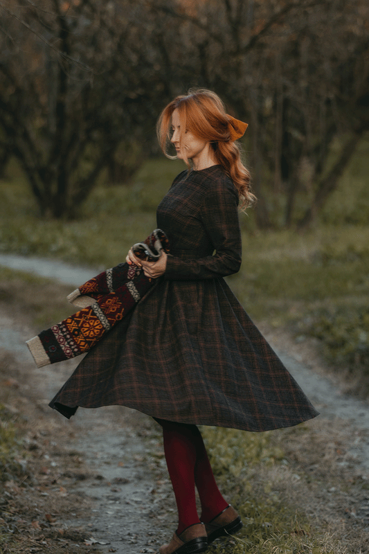 Plaid Wool Blend Midi Dress – Handmade Vintage Fit & Flare Long Sleeve Elegance 4731