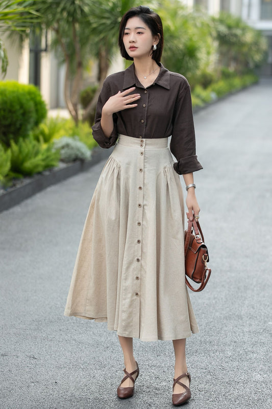 Beige Linen Midi Skirt – High Waist A-Line Button Front Skirt 6666