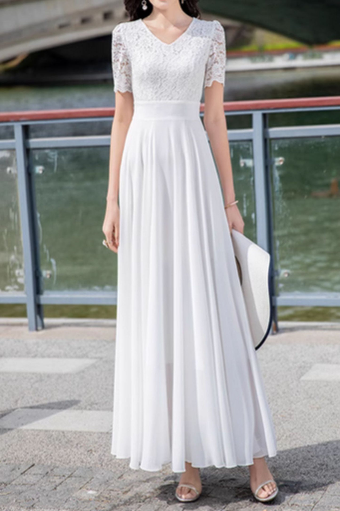 White prom chiffon and lace wedding dress 5027