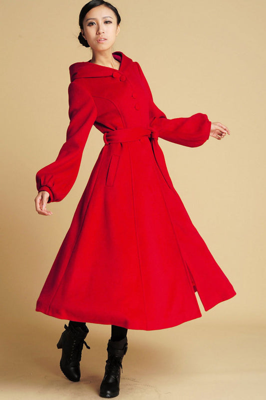 Red Wool Hooded Swing Coat – Vintage Fit & Flare Winter Overcoat with Belt 0394