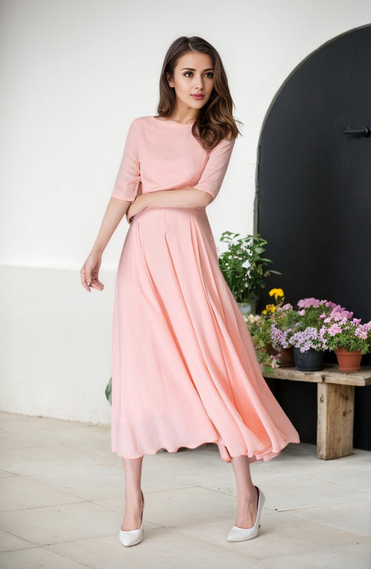 Elbow length sleeves fit and flare Midi dress 1524#