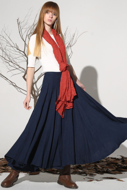 Women’s Handmade Linen Maxi Skirt – Dark Blue Long Flowy Skirt | Xiaolizi 1156