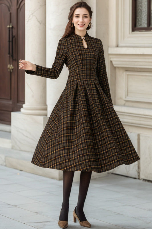 Plaid Wool Dress – Vintage Long Sleeve Fit & Flare Winter Midi | Xiaolizi 5302