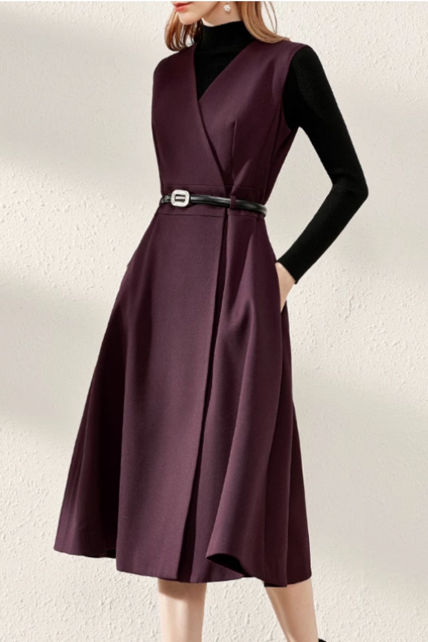 Burgundy Wool Blend Midi Dress Sleeveless V-Neck Winter with Pockets 5278,Burgundy,M, Handmade by Xiaolizi Burgundy Wool Blend Midi Dress Sleeveless V-Neck Winter with Pockets 5278,Burgundy,M, Handmade by Xiaolizi