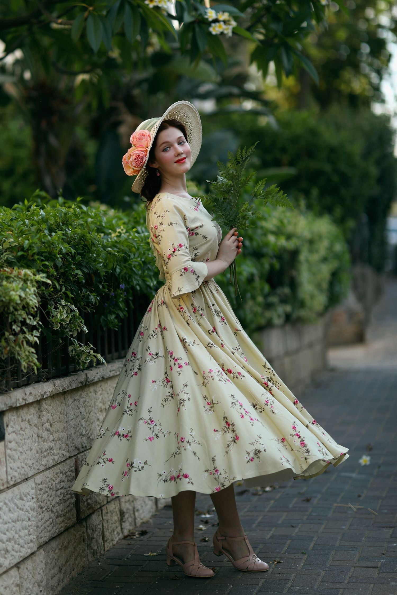 linen bridesmaid dress Floral Linen Dress with Pleated Waist and Ruffle Sleeves