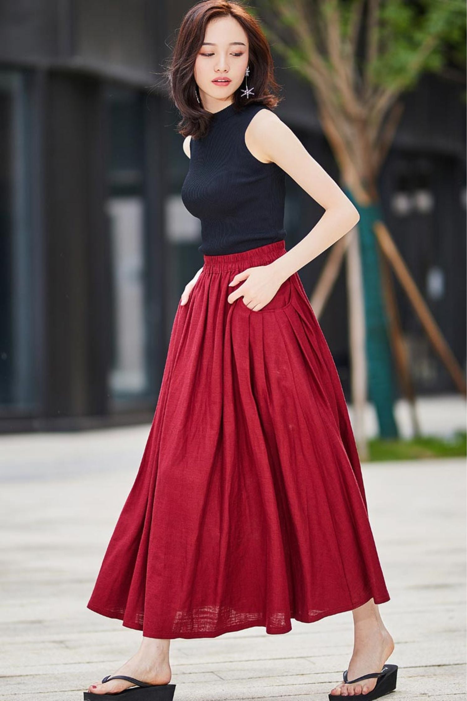 Casual Linen maxi Skirt with pleated Pockets 2176