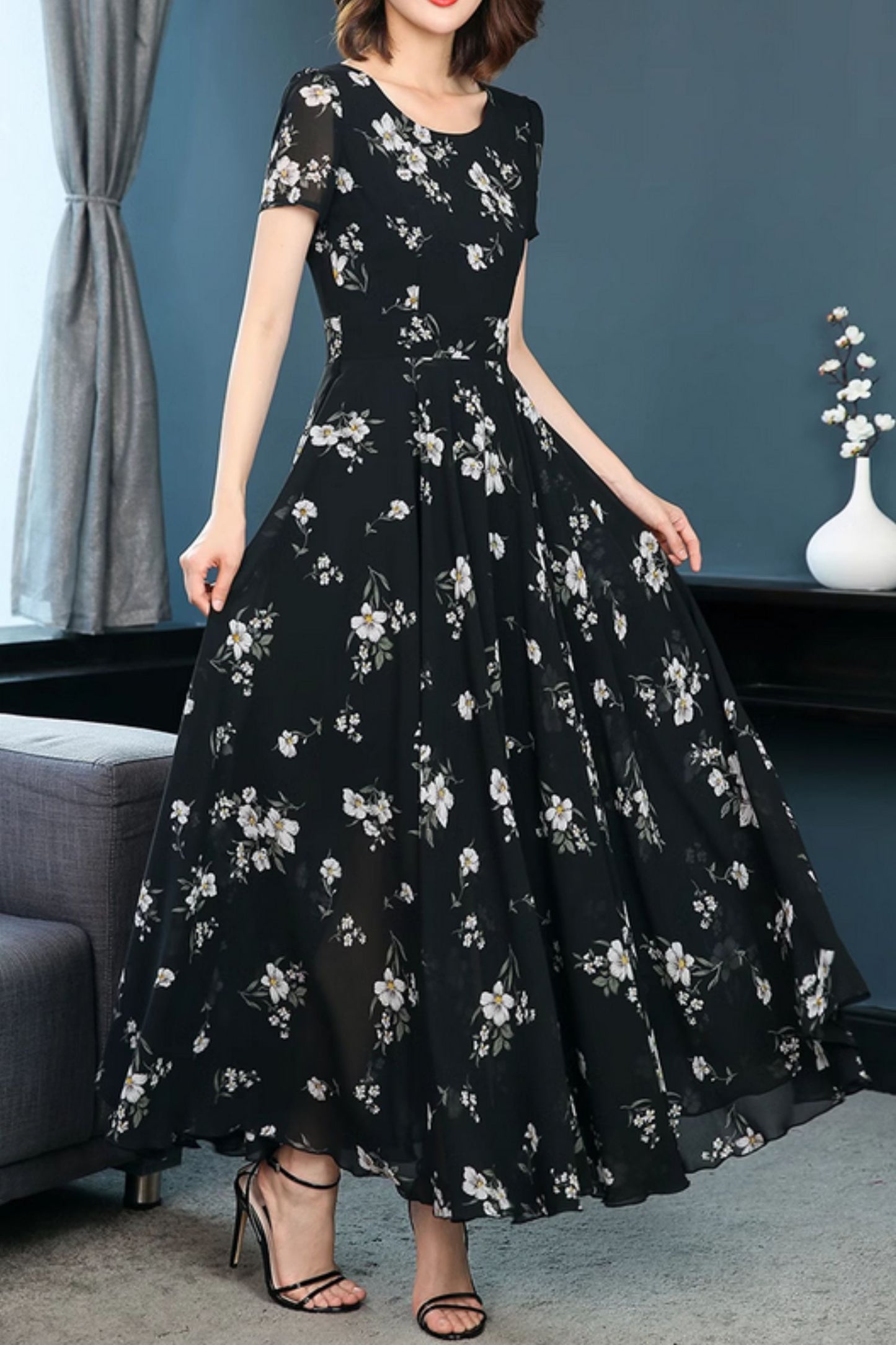 Black flower printed maxi chiffon dresses 5011