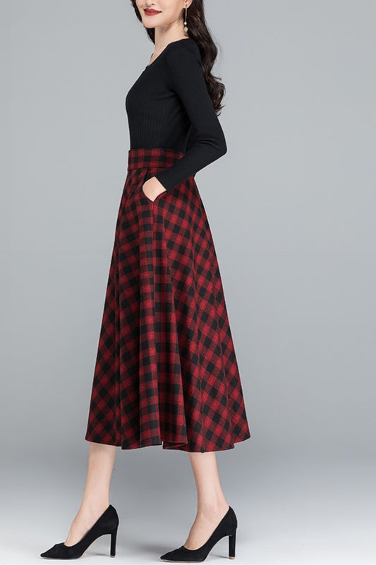 Plaid midi winter wool skirt women 6211