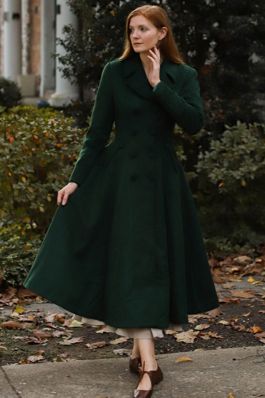 Vintage Forest Green Wool Coat – Double-Breasted Fit & Flare Winter Maxi Overcoat 3227