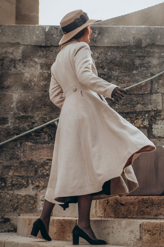 Cream White Wool Blend Coat - Double-Breasted A-Line Overcoat 3183