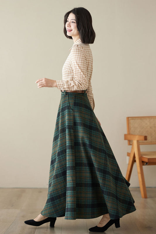 Green Maxi Wool Plaid Winter Skirt 4621-Size XS US0 #CK2301299