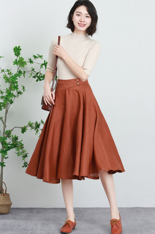 Womens A line Linen Skirt with button 5730