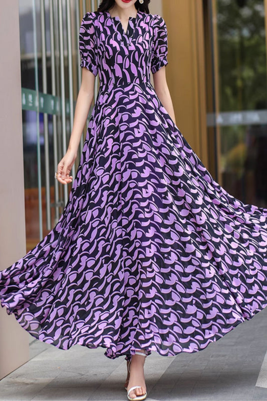 Black and Purple Floral Chiffon Maxi Dress - Flowy Fitted Waist 5002