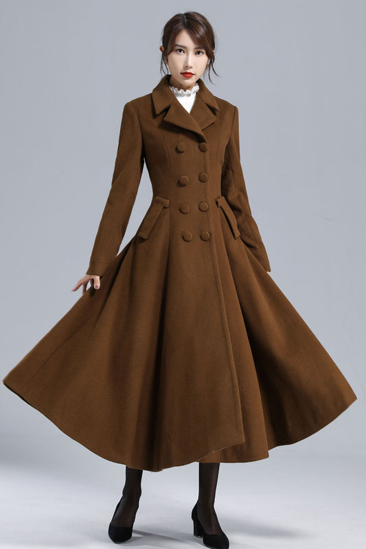 Chocolate Brown Wool Maxi Coat – Vintage Double Breasted Long Overcoat 3238