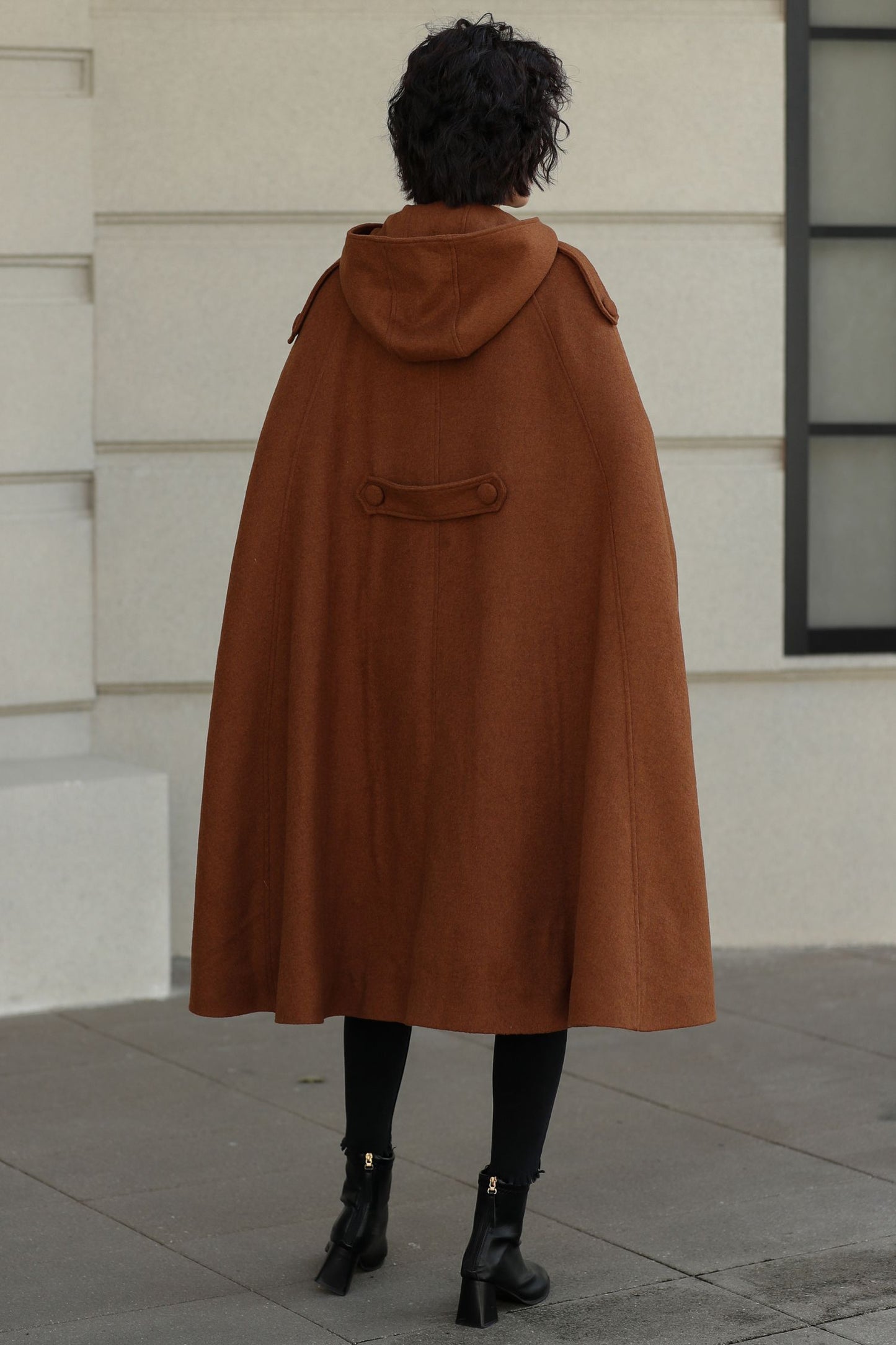 Handmade Wool Hooded Cape – Vintage Winter Cloak Coat with Pockets 6527