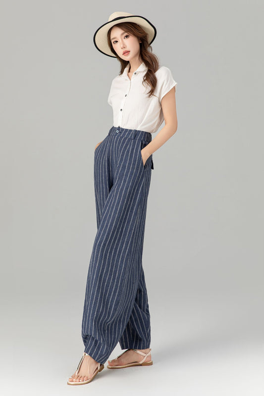 Blue Linen Pants - Plus Size Striped Ankle-Length Relaxed Fit 4939
