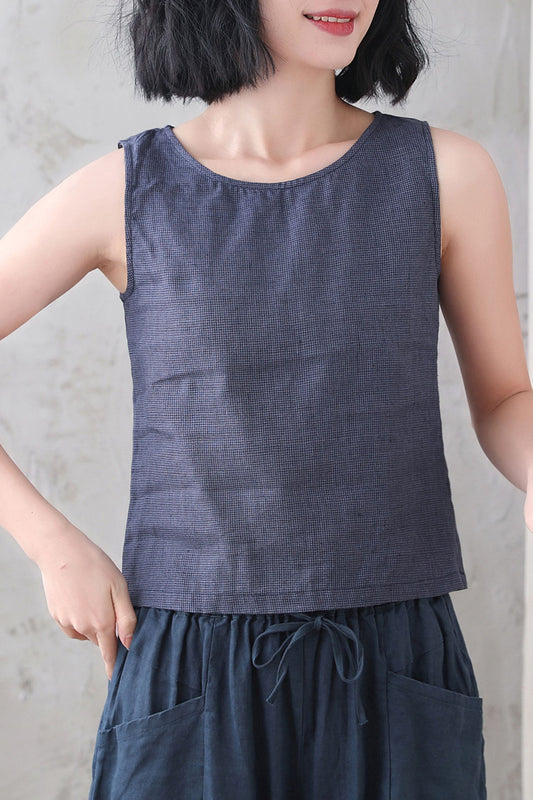 Blue Checked linen Tank Top 3338