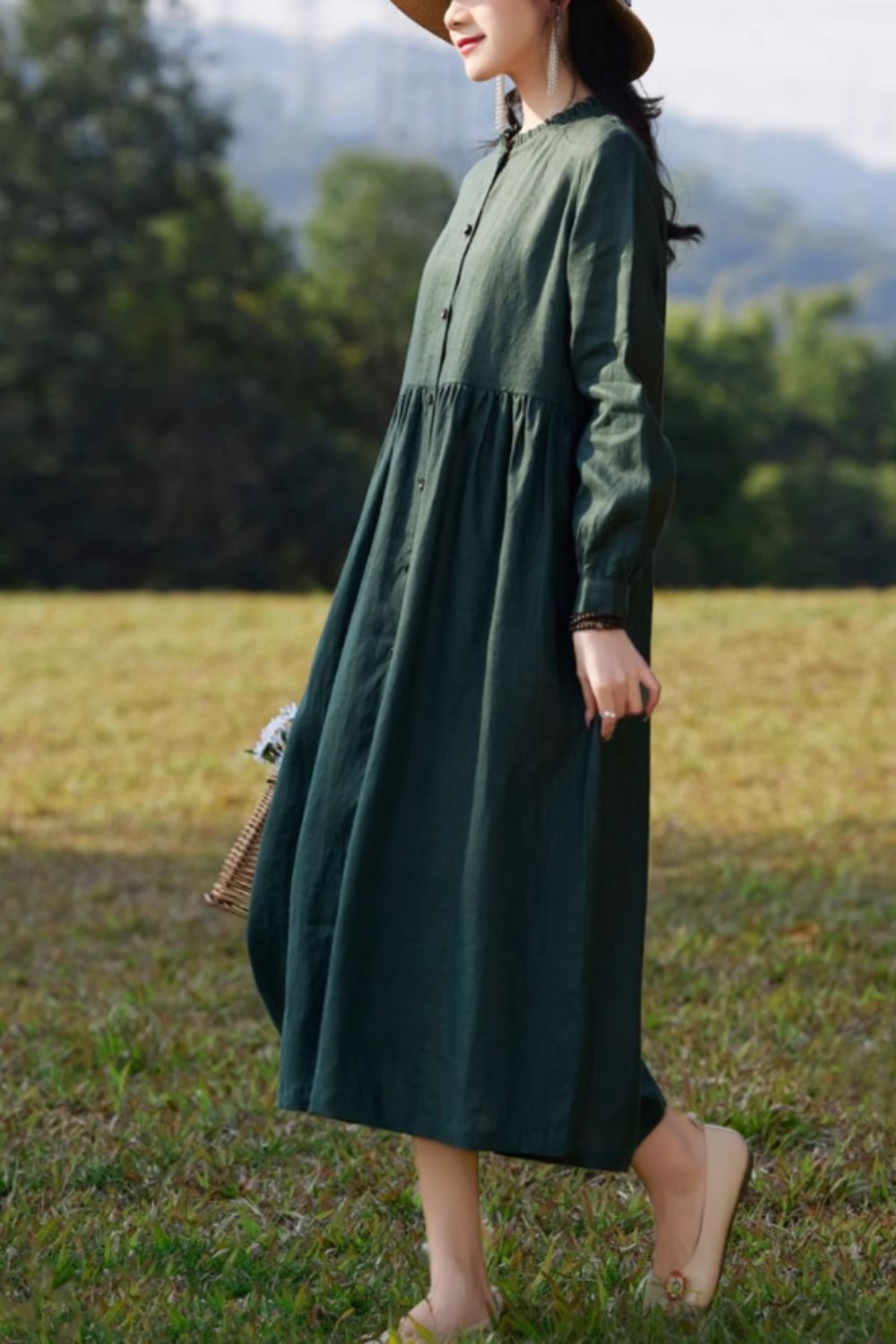 Long sleeves green midi button up linen dress women 4833 Long sleeves green midi button up linen dress women 4833
