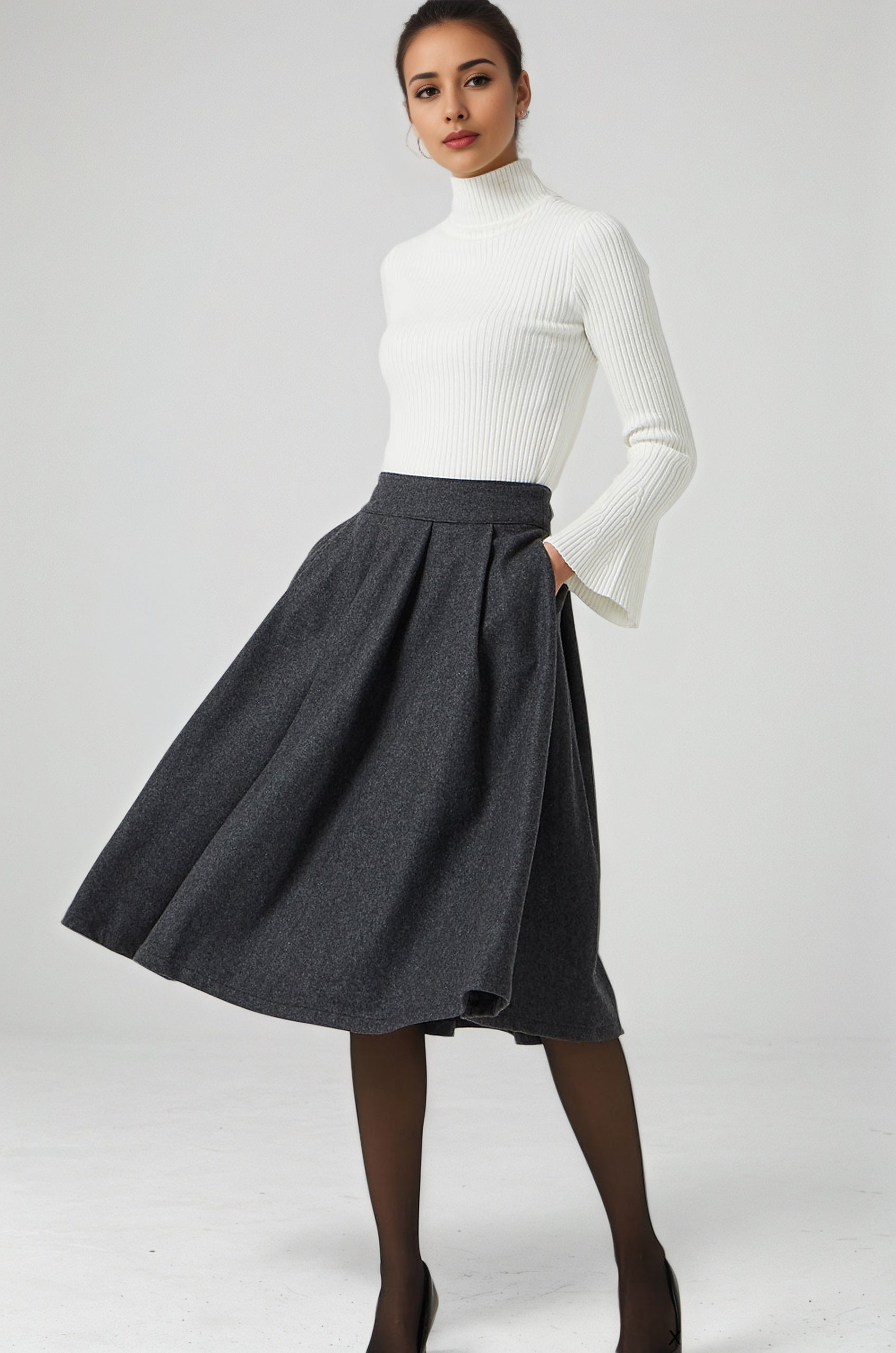 Dark Gray Wool Knee Length Skirt – Vintage Pleated Winter Skirt