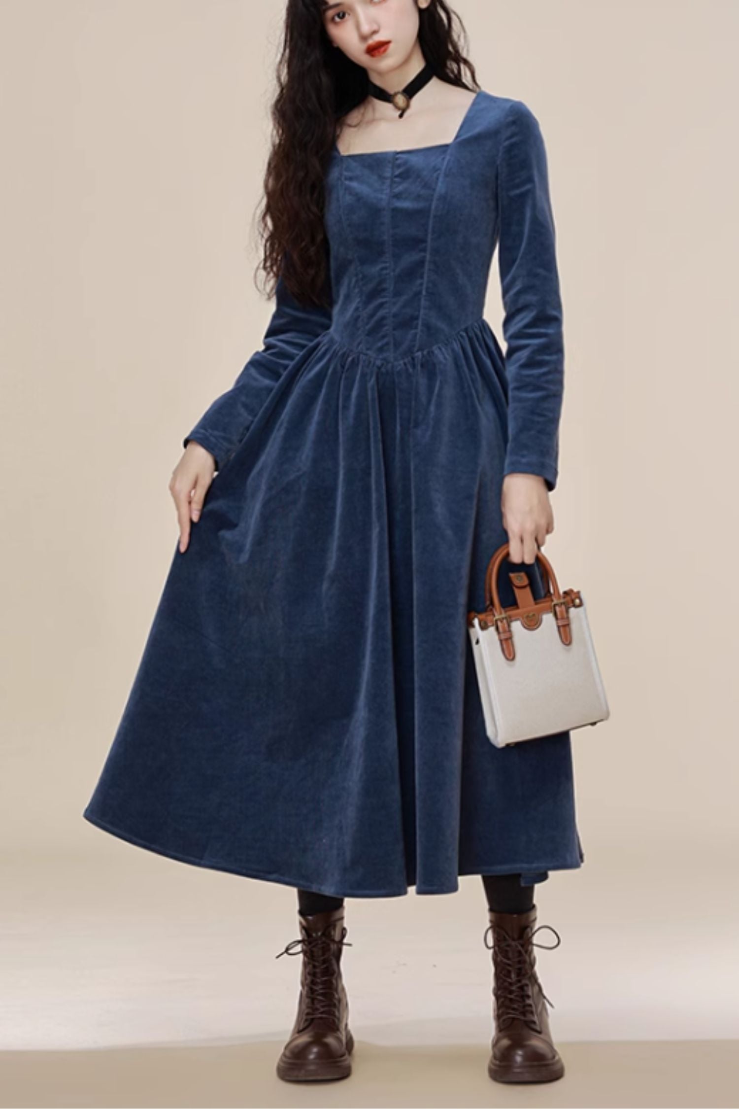 midi cord dress Long sleeves spring midi corduroy dresses 4809