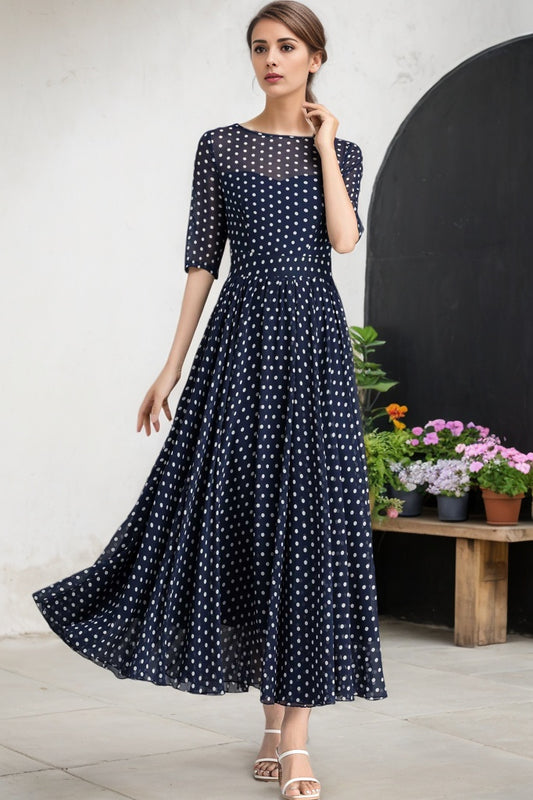 Blue and White Polka Dot chiffon Maxi Dress 2354