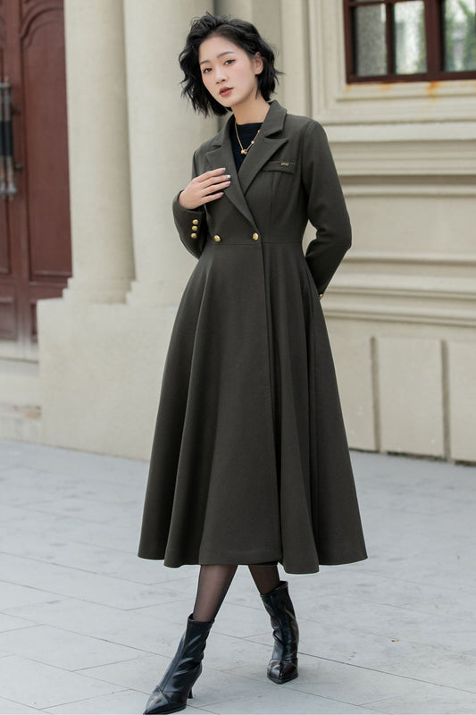 Army green double breasted winter wool coat 5459